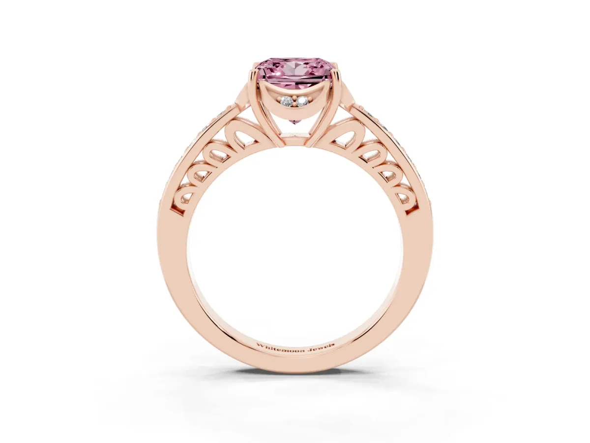 Fancy Pink Princess Cut Cut Halo Diamond Ring with Channel Set Band and Four-Prong Setting Rose gold