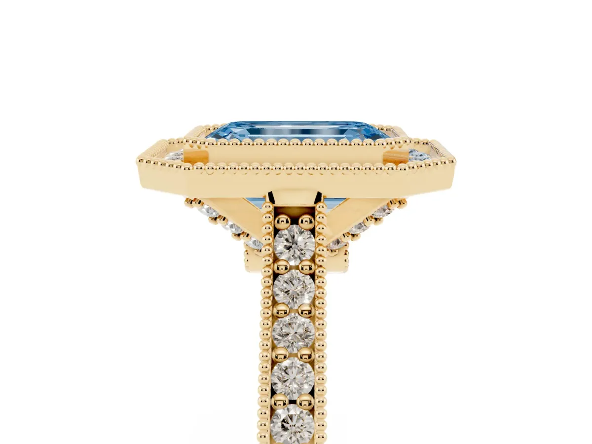 Fancy Blue Halo Emerald Cut-Cut Diamond Pave Band Milgrain Prong Setting Ring Yellow gold