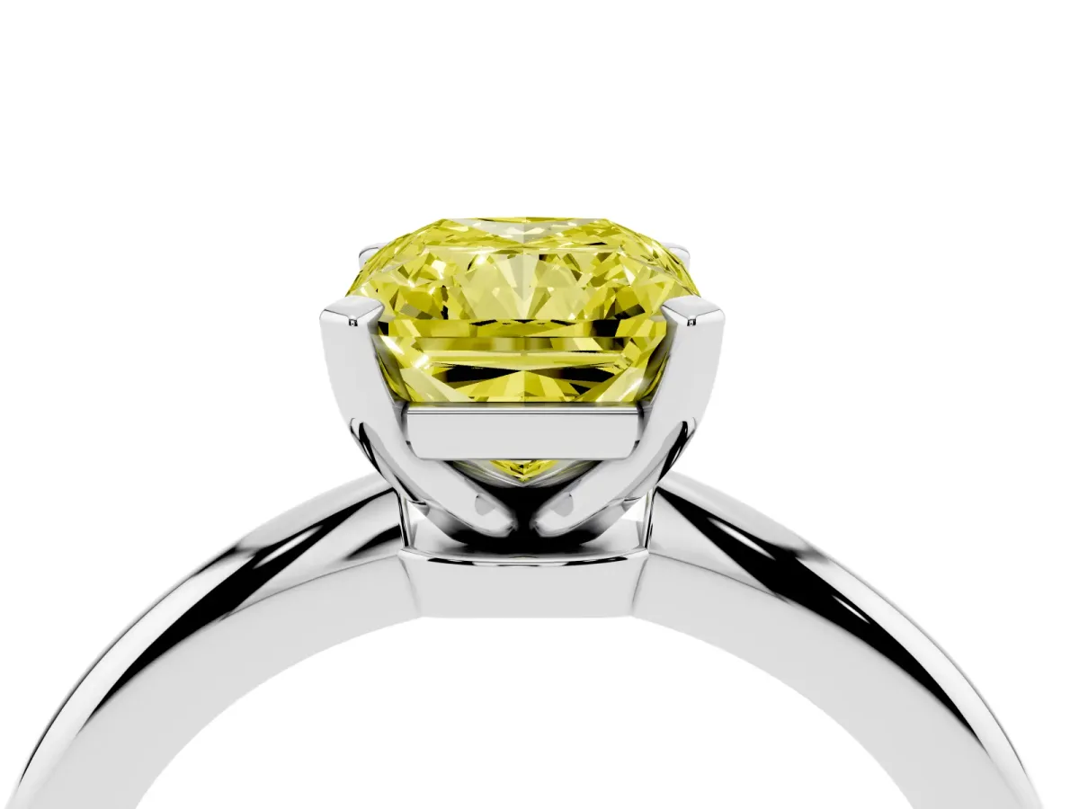 Fancy Yellow Radiant Cut Diamond Solitaire Ring with Prong Setting and Classic Band Silver