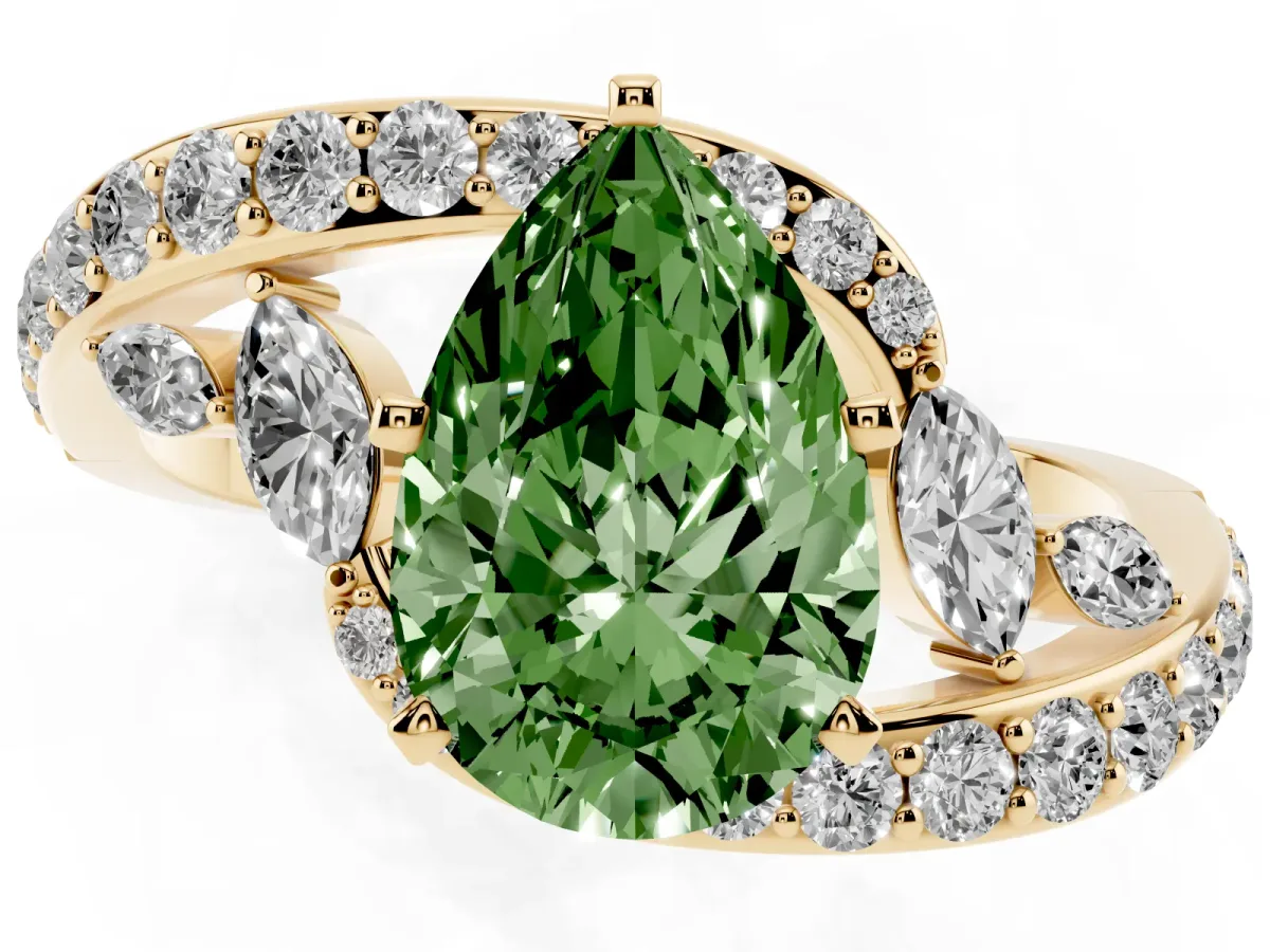 Fancy Green Pear Cut Solitaire with Pavé Twist Band and Four-Prong Setting Yellow gold
