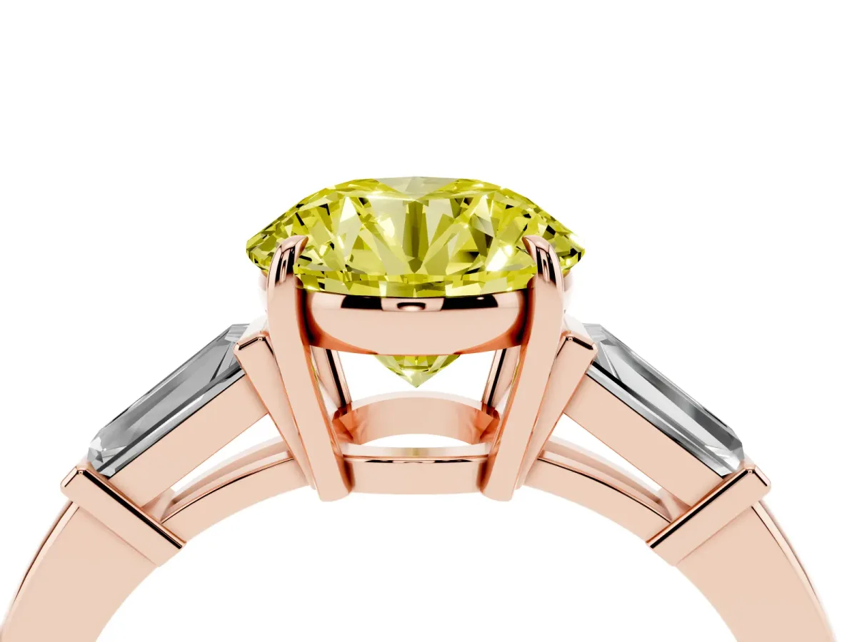Fancy Yellow Round Cut Diamond Three-Stone Ring with Tapered Baguette Side Stones and Prong Setting Rose gold