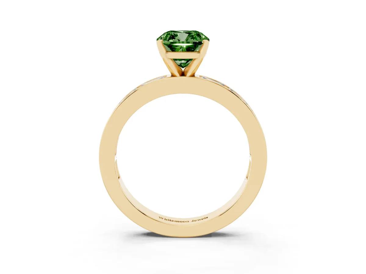 Fancy Green Cushion Cut Solitaire Diamond Ring with Channel-Set Baguette Band and Four-Prong Setting Yellow gold