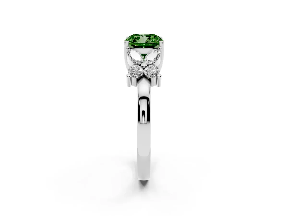 Fancy Green Cushion Cut Diamond Floral Cluster Ring with Solitaire Band and Prong Setting Platinum