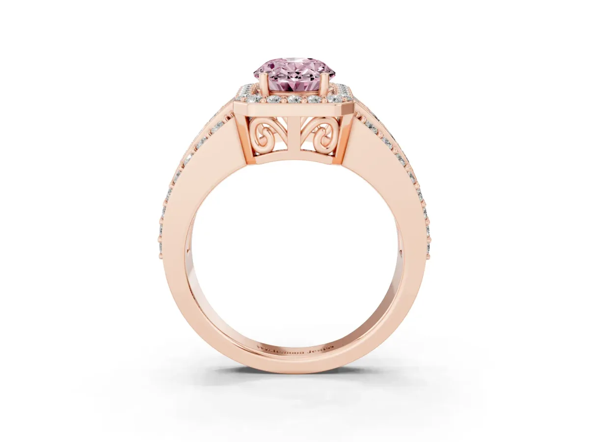 Fancy Pink Oval Cut Halo Diamond Ring with Round Split Shank and Prong Setting Rose gold