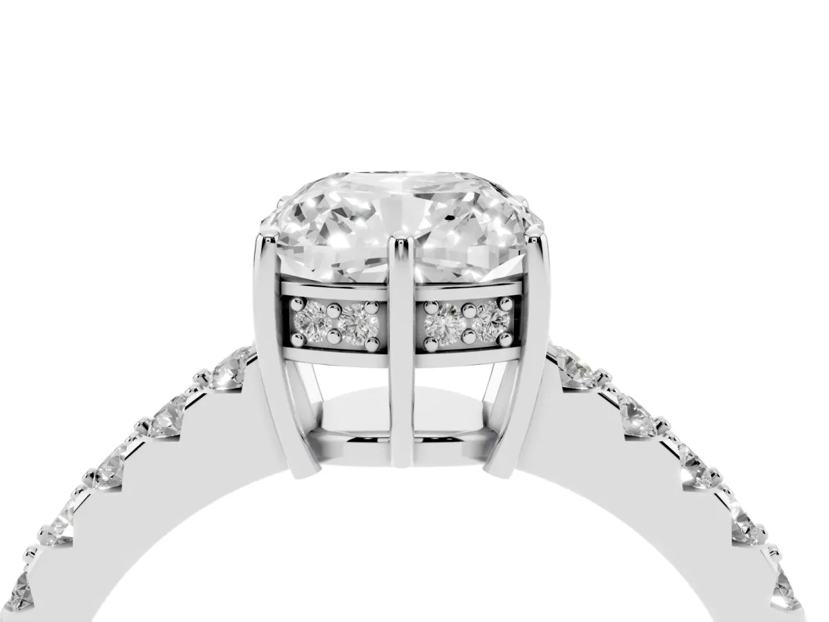 Cushion Cut Solitaire Diamond Engagement Ring with Pavé Band and Six-Prong Setting Silver