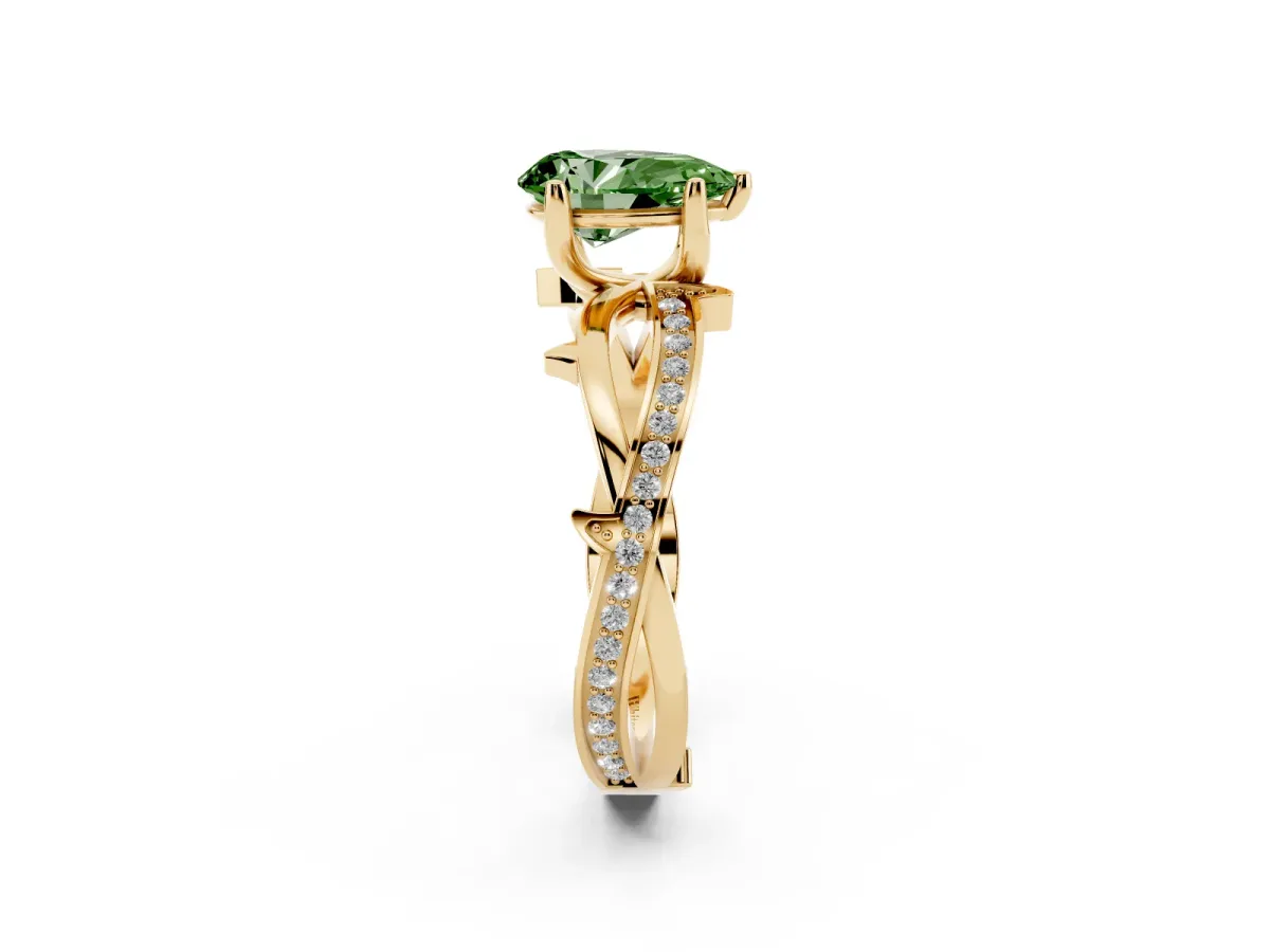 Fancy Green Pear Cut Solitaire Twist Band with Pavé Accents and Four-Prong Setting Yellow gold
