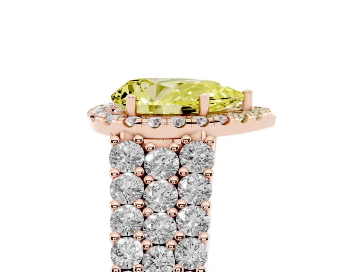Fancy Yellow Pear Cut Diamond Halo Engagement Ring with Triple Row Round Pavé Band and Prong Setting Rose gold