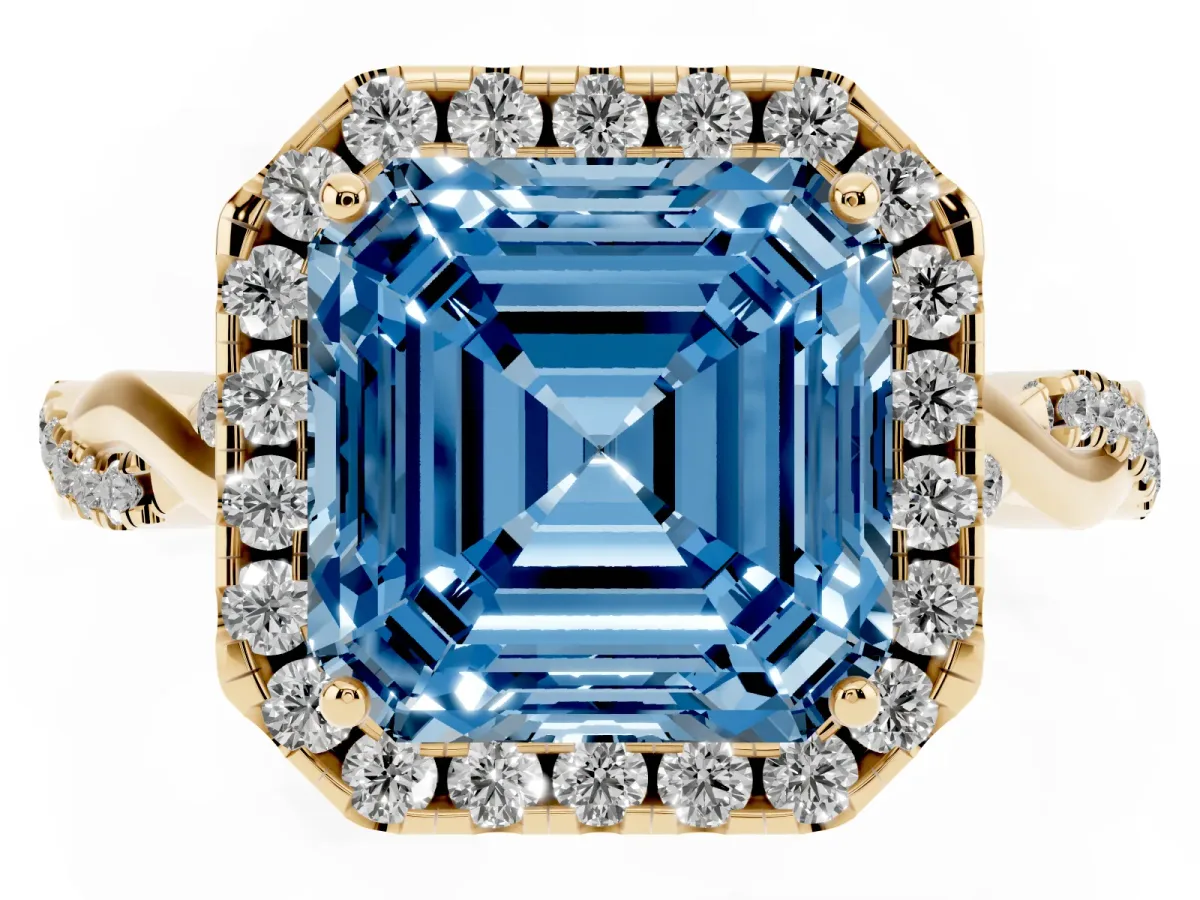 Fancy Blue Asscher Cut Halo Twist Band Solitaire Ring Yellow gold
