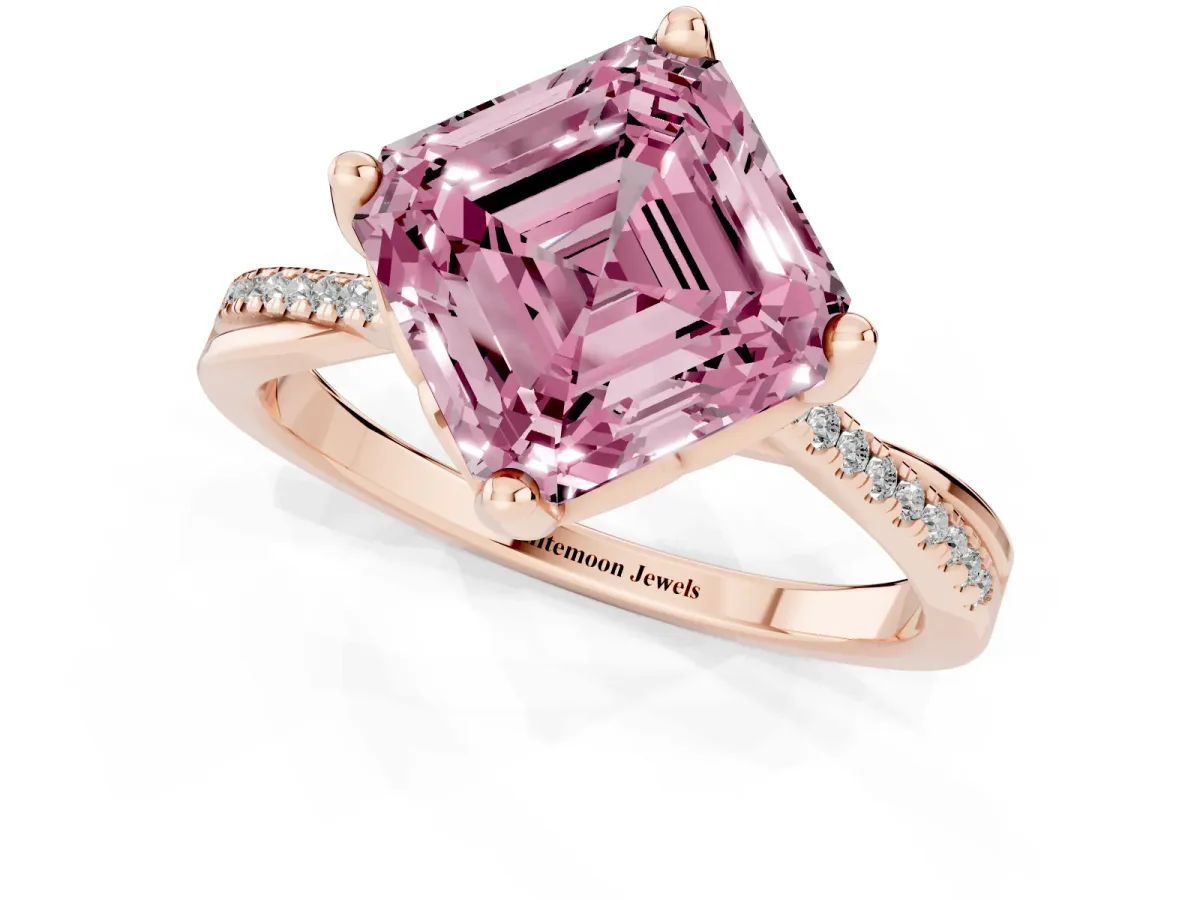 Fancy Pink Asscher Cut Solitaire Twist Band with Pavé Diamonds and Four-Prong Setting Rose gold