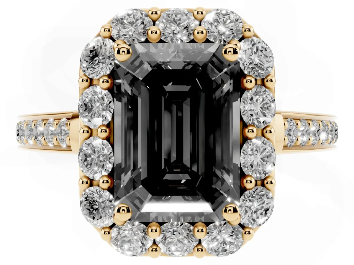 Fancy Black Emerald Cut Diamond Floral Halo Ring with Pavé Band and Prong Setting Yellow gold
