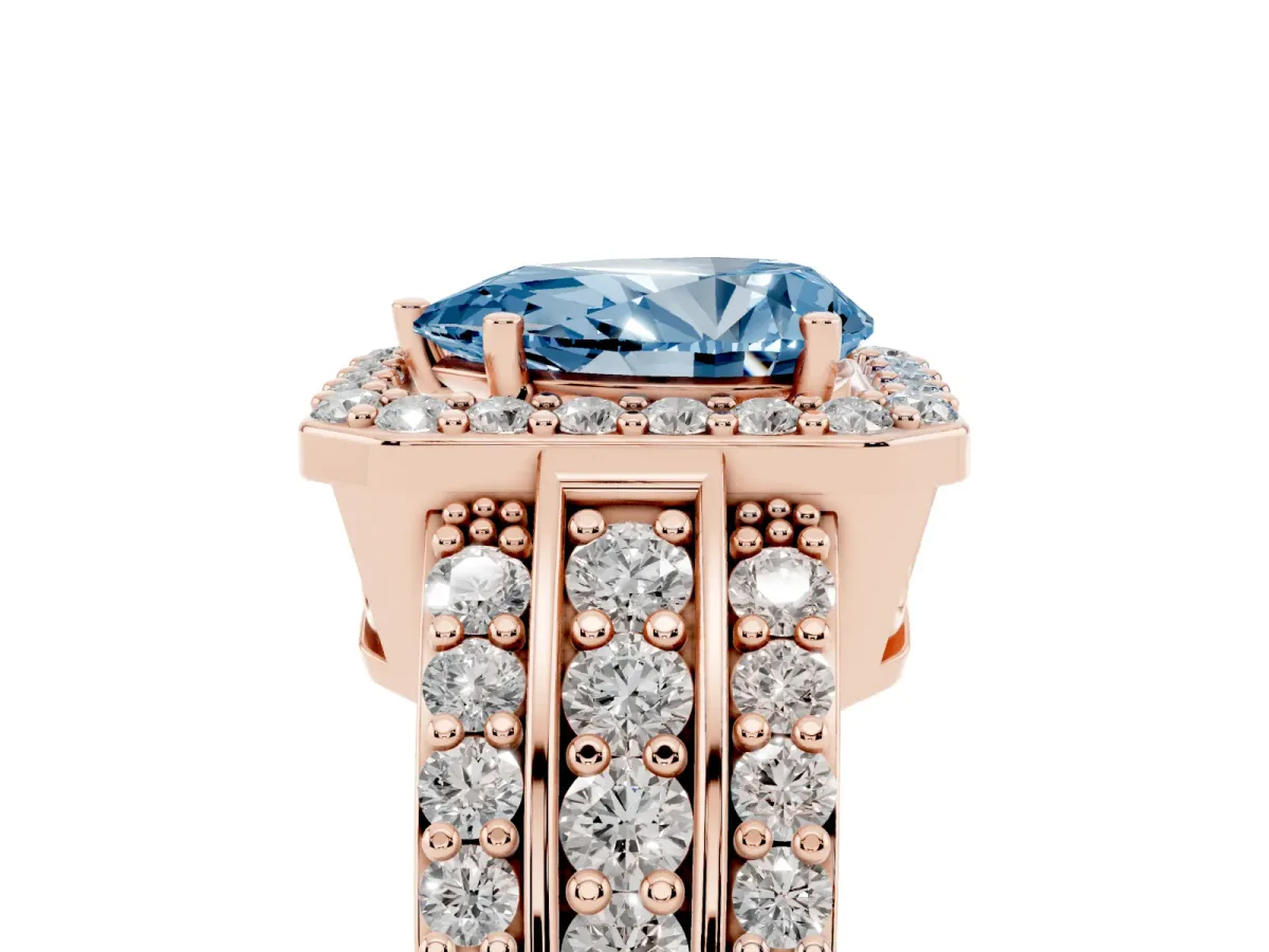 Fancy Blue Pear Cut Halo Diamond Ring with Round Split Shank and Prong Setting Rose gold
