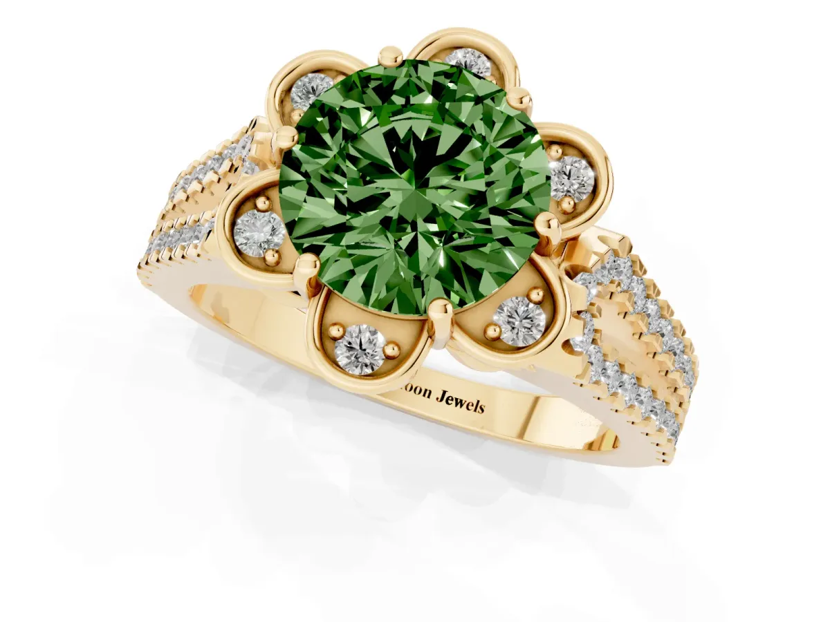 Fancy Green Round Cut Halo Diamond Floral Split Shank Engagement Ring Yellow gold