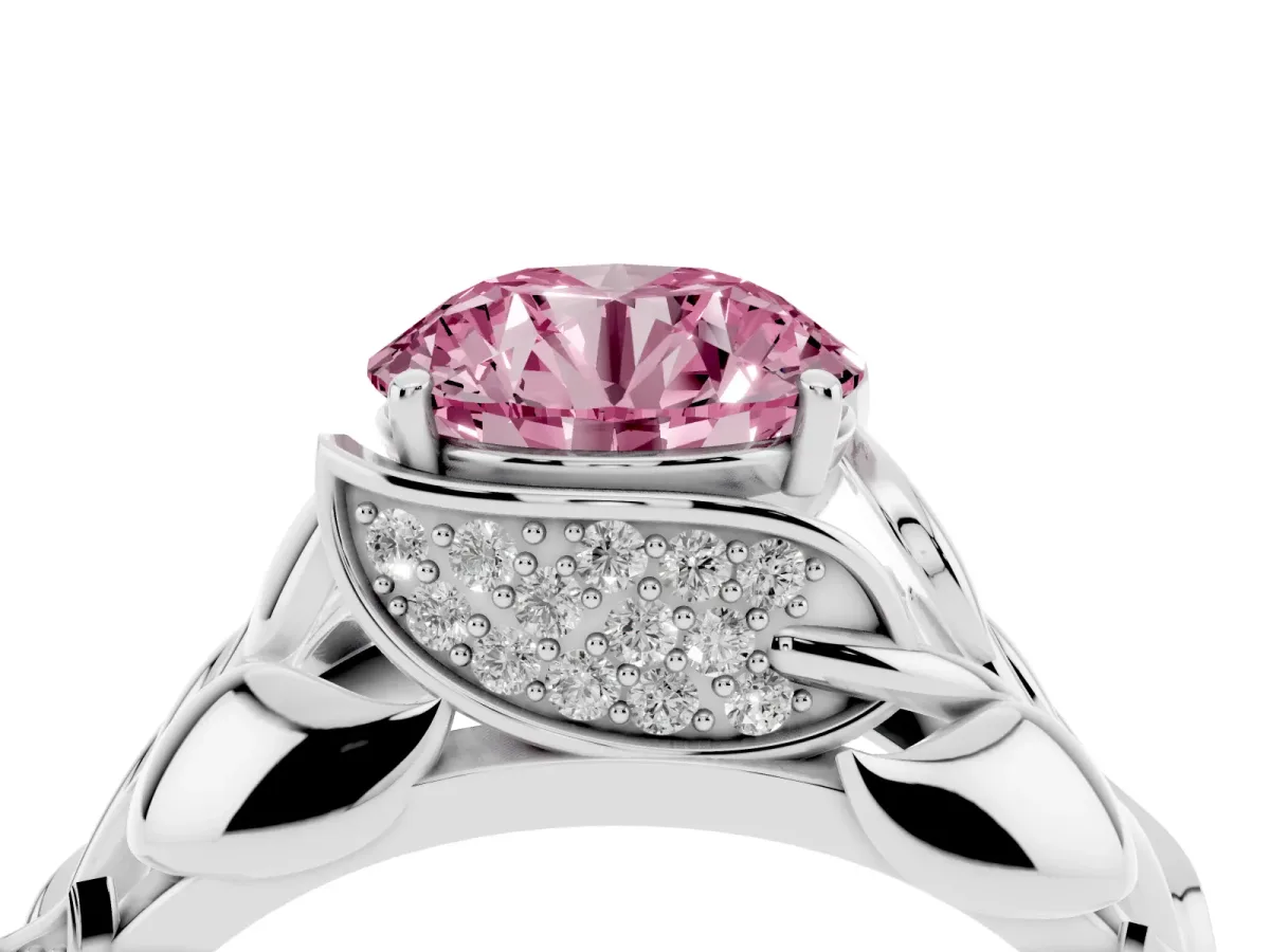 Fancy Pink Round Cut Diamond Leaf-Inspired Engagement Ring with Round Accents and Prong Setting White gold