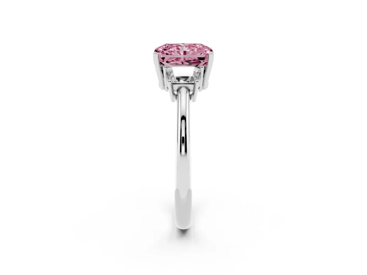 Fancy Pink Radiant Cut Diamond Three-Stone Ring with Trapezoid Side Stones and Prong Setting Silver