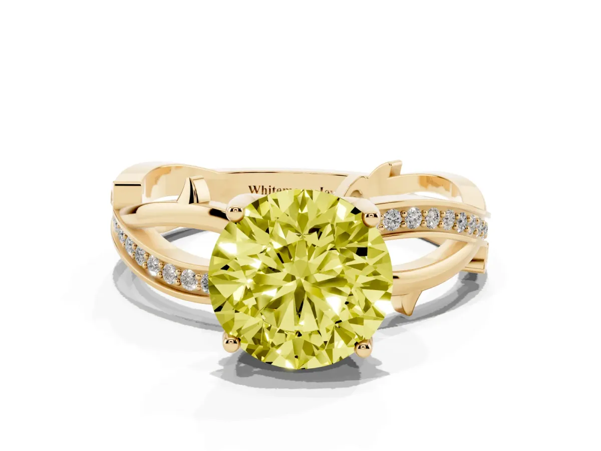Fancy Yellow Round Cut Solitaire Twist Band with Pavé Accents and Four-Prong Setting Yellow gold