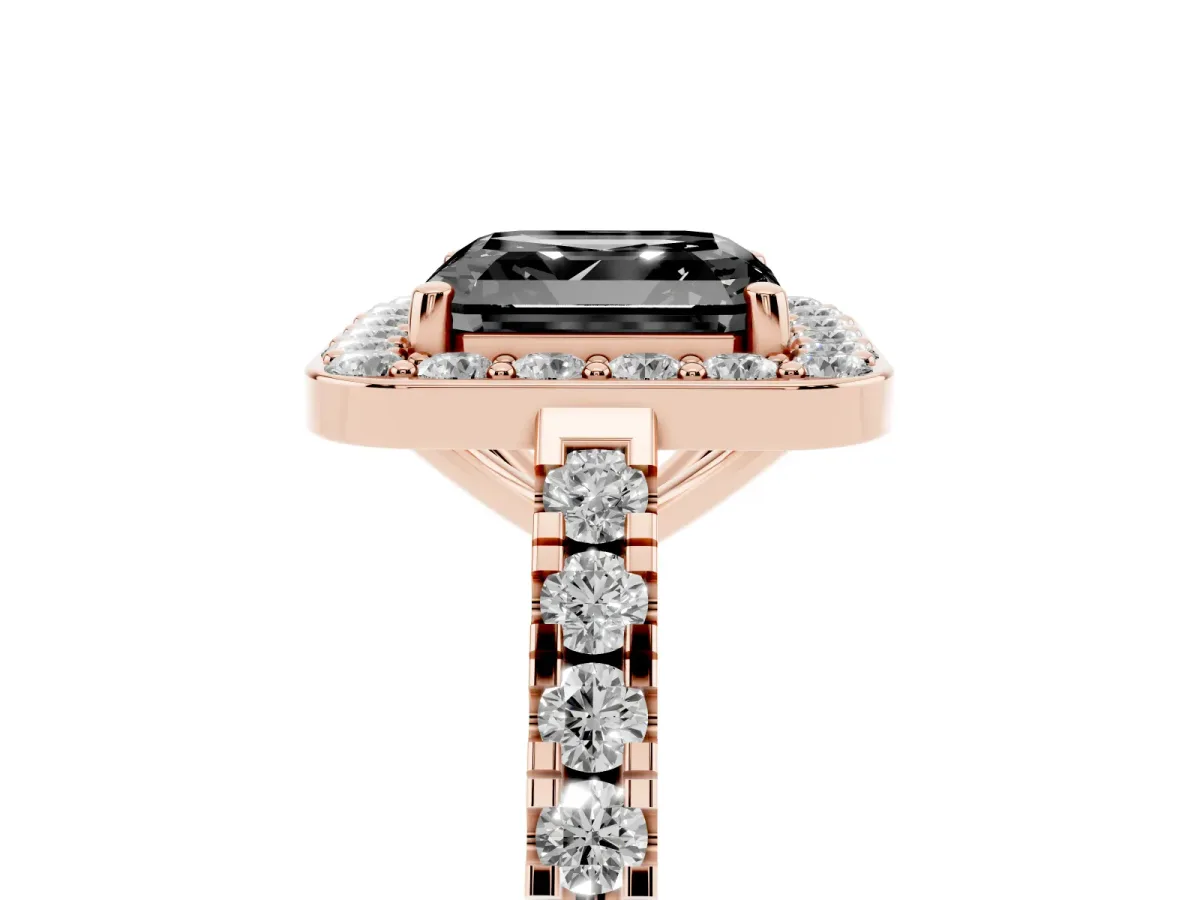 Fancy Black Asscher Cut Diamond Halo Ring with Round Pavé Split Shank and Prong Setting Rose gold