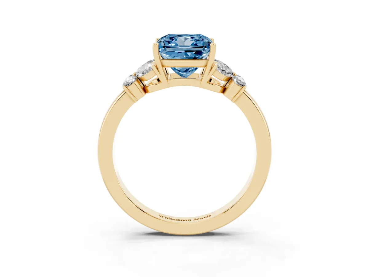 Fancy Blue Princess Cut Cut Solitaire Floral Diamond Ring with Four-Prong Setting Yellow gold