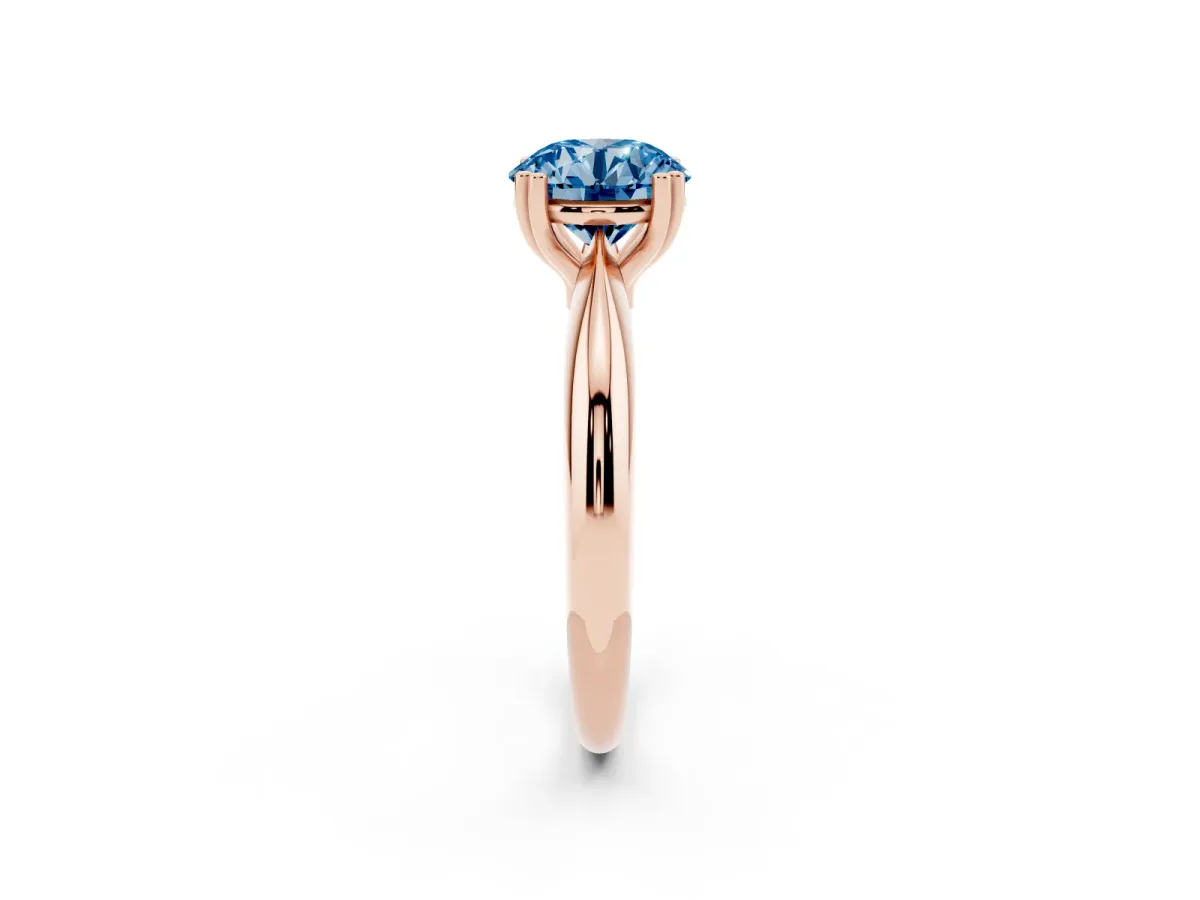 Fancy Blue Round Cut Cut Solitaire Engagement Ring with Tapered Band and Four-Prong Setting Rose gold