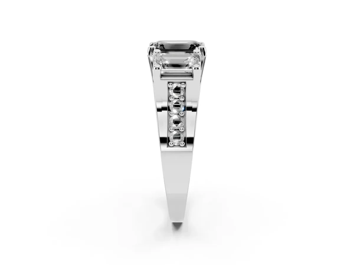 Fancy Black Emerald Cut Diamond Three-Stone Ring with Channel Set Band and Four-Prong Setting Silver