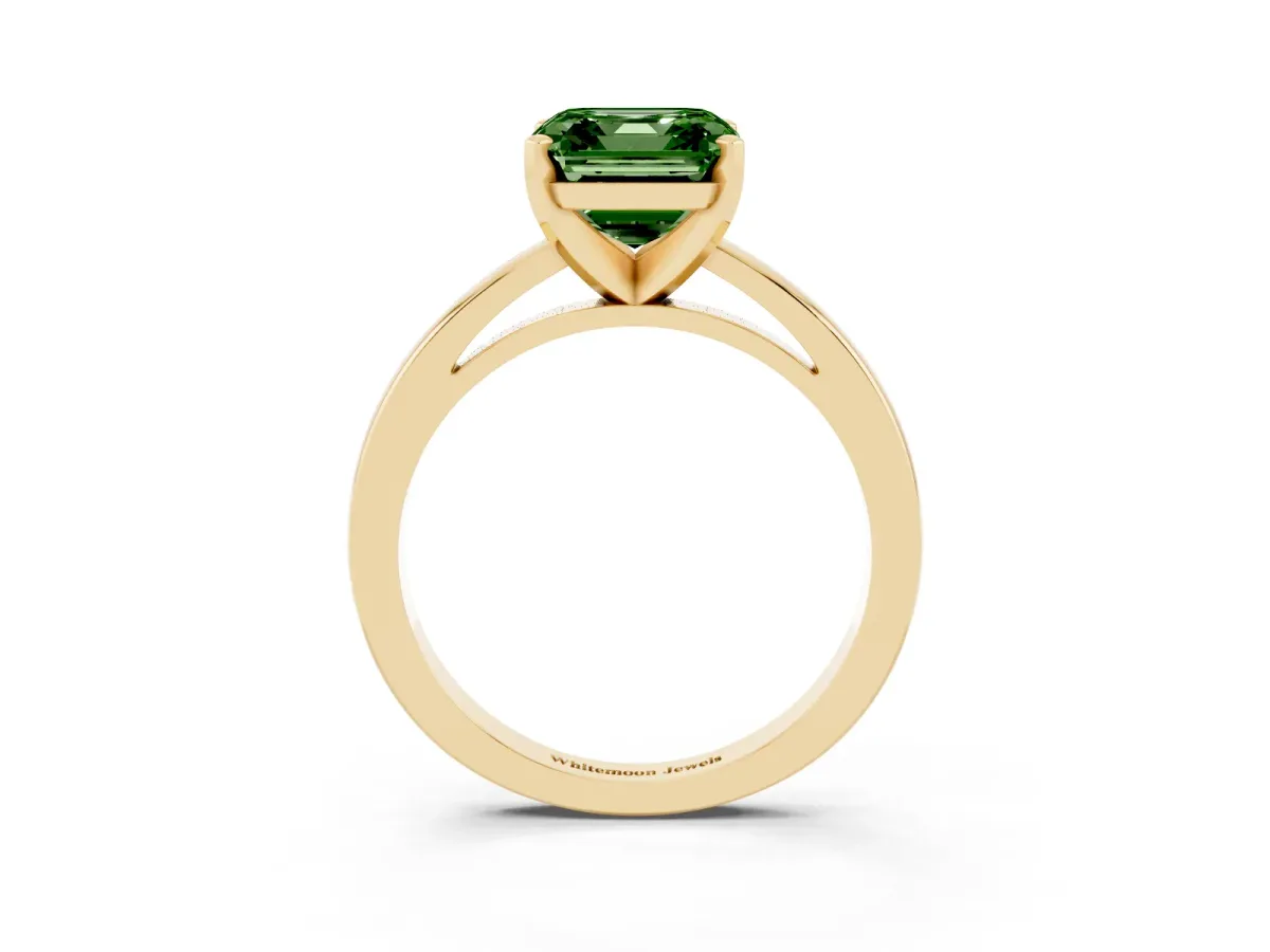 Fancy Green Asscher Cut Solitaire Diamond Engagement Ring with Four-Prong Setting on a Classic Band Yellow gold