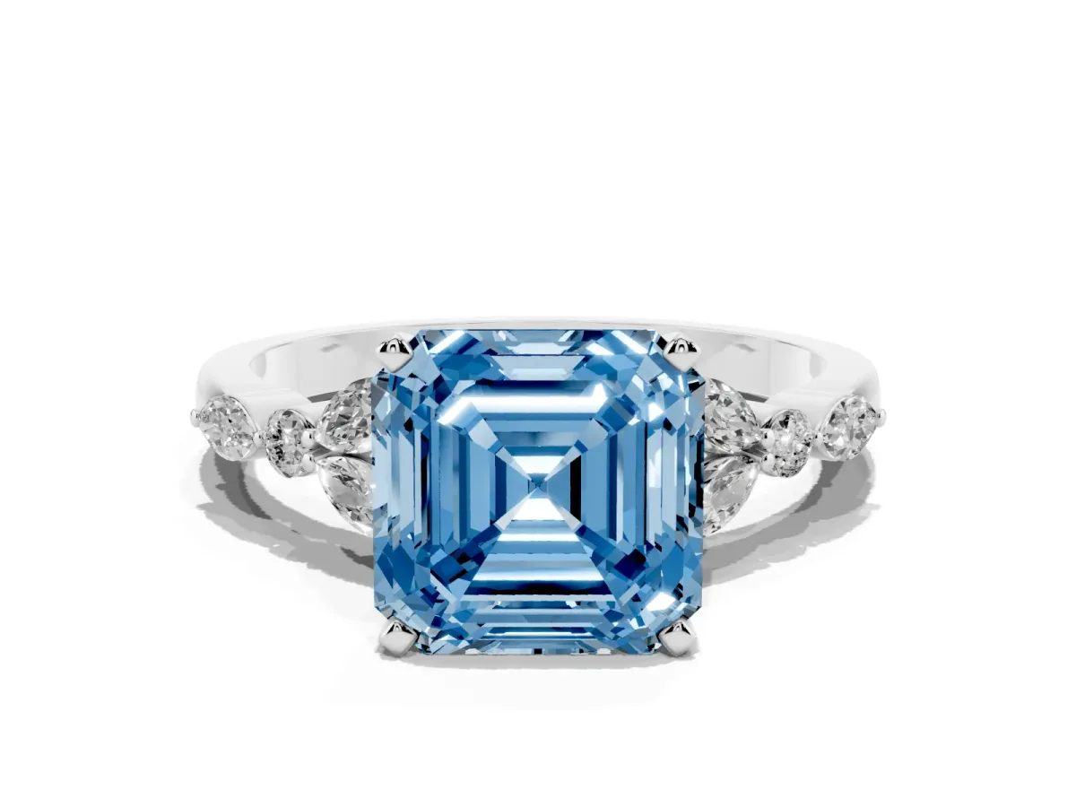 Fancy Blue Asscher Cut Diamond Solitaire Ring with Side Stones and Four-Prong Setting Silver