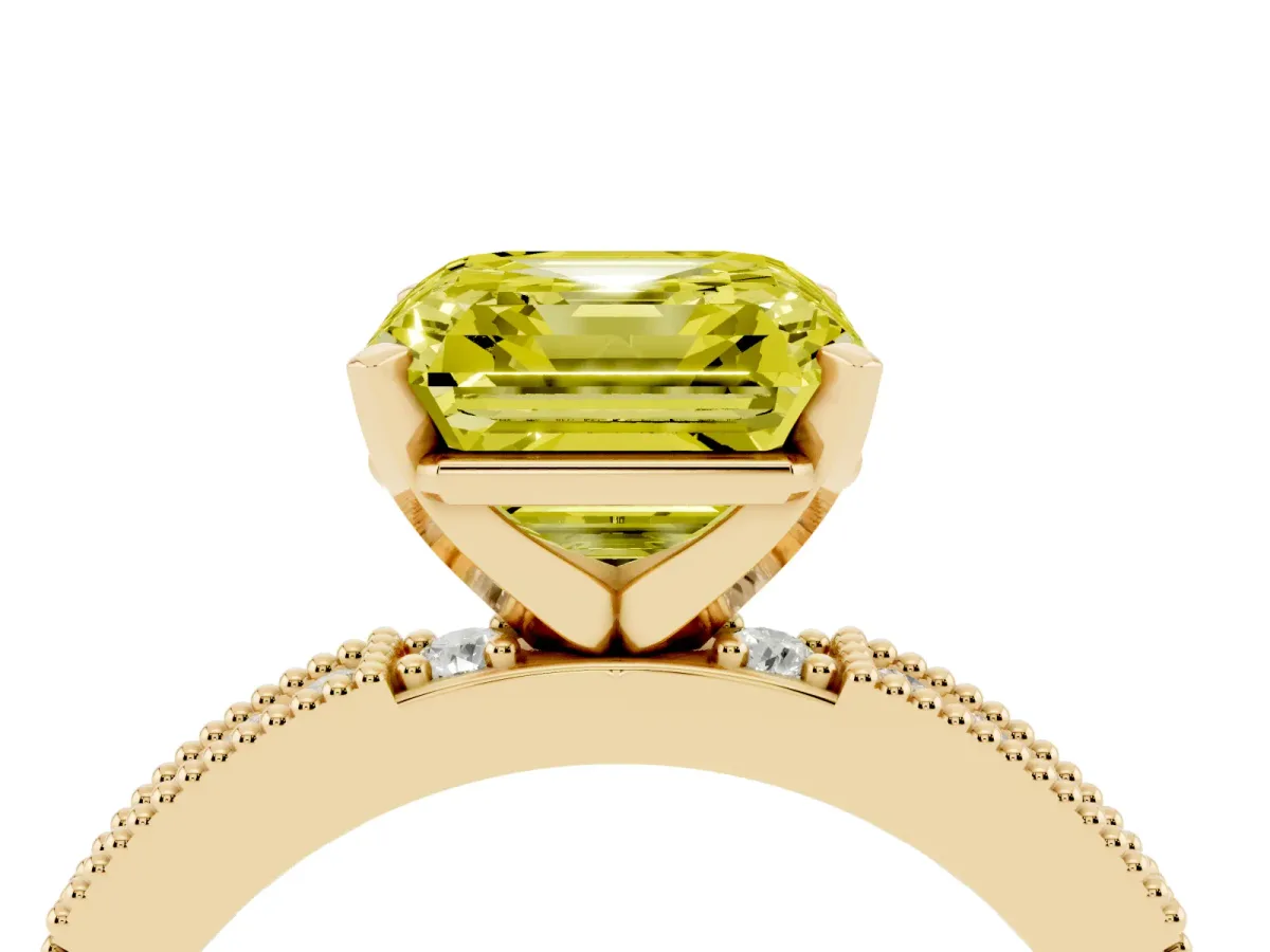 Fancy Yellow Asscher Cut Solitaire with Pavé Band and Four-Prong Setting Yellow gold