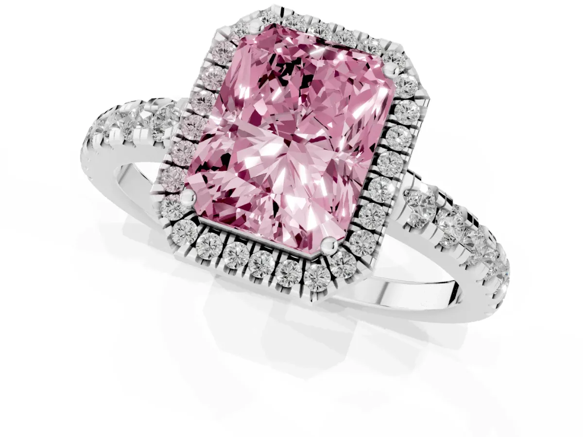 Fancy Pink Radiant Cut Diamond Halo Ring with Pavé Band and Four-Prong Setting White gold