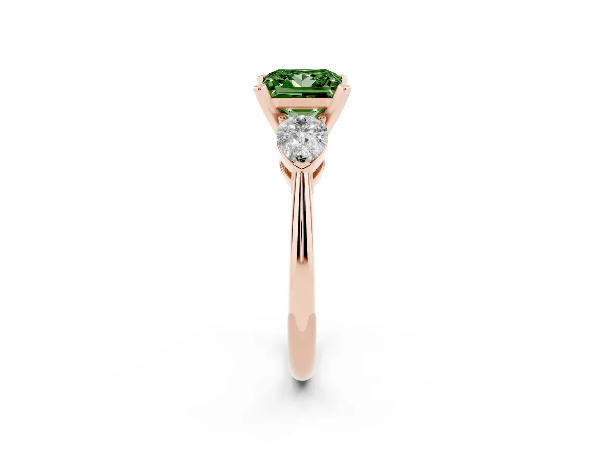 Fancy Green Three-Stone Princess Cut Diamond Ring with Pear Side Stones and Four-Prong Setting Rose gold