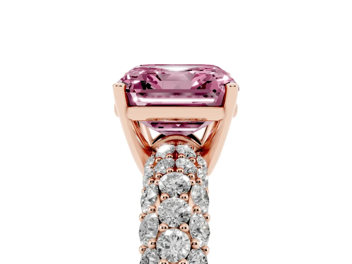 Fancy Pink Asscher Cut Diamond Pavé Band Solitaire Ring with Four-Prong Setting Rose gold