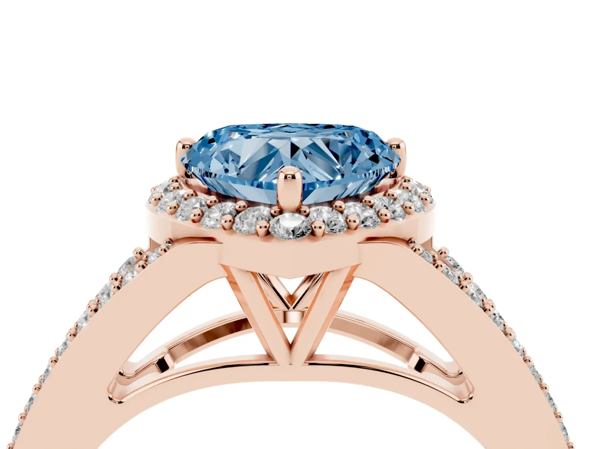 Fancy Blue Heart Cut Halo Split Shank Diamond Ring with Prong Setting Rose gold