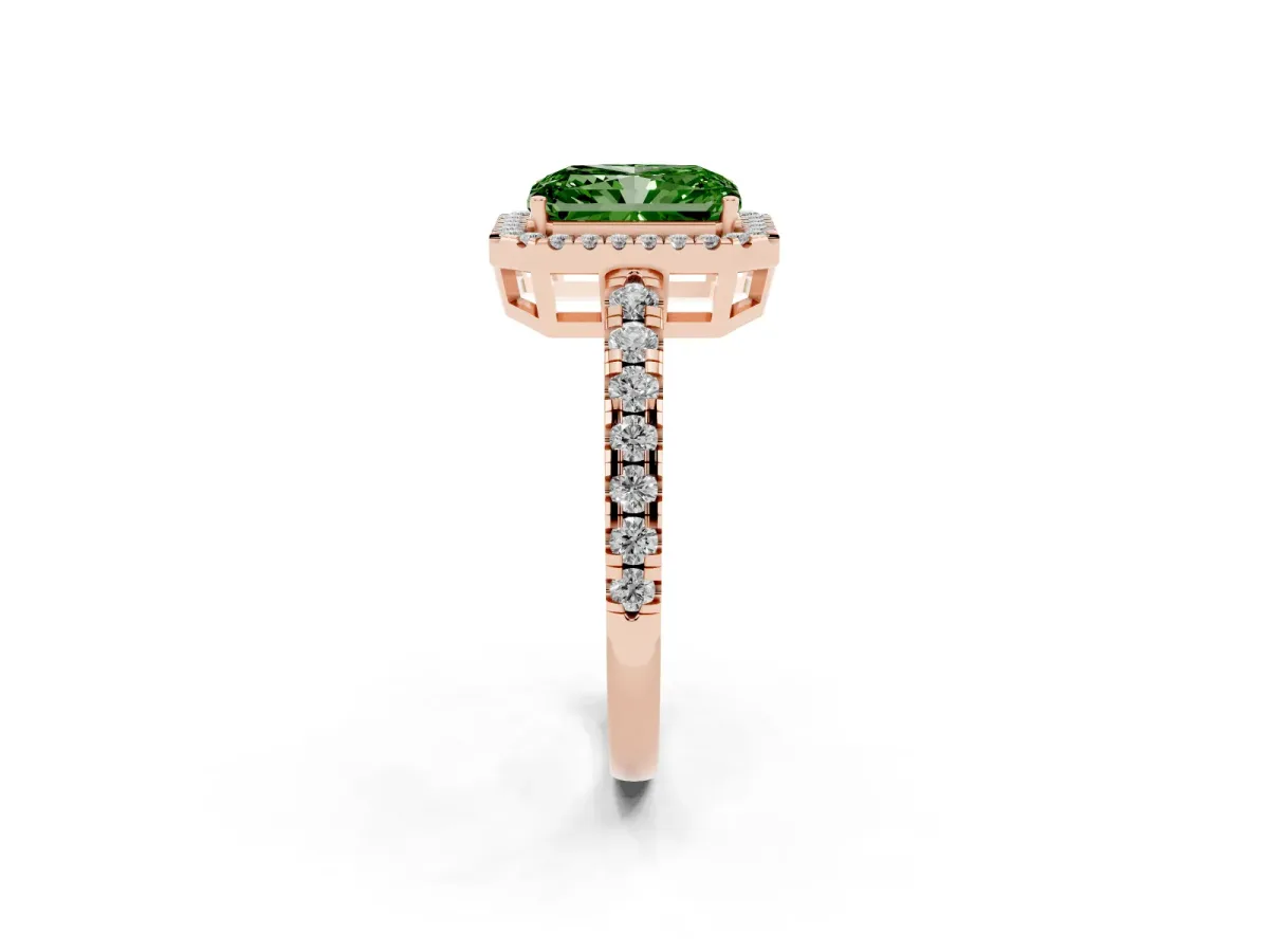 Fancy Green Radiant Cut Diamond Halo Ring with Pavé Band and Four-Prong Setting Rose gold