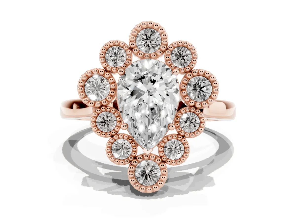 Pear Cut Halo Diamond Cluster Engagement Ring with Milgrain Bezel Setting and Solitaire Band Rose gold