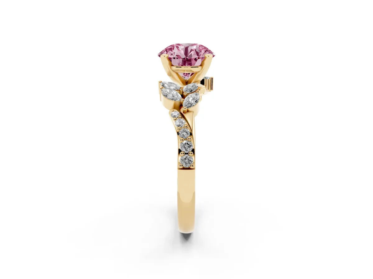 Fancy Pink Round Cut Solitaire Marquise Twist Band with Six-Prong Setting Yellow gold