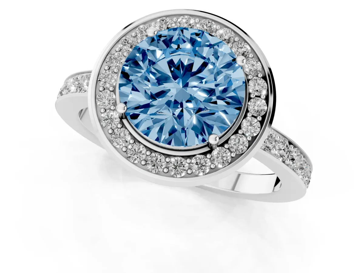 Fancy Blue Round Cut Diamond Halo Ring with Bezel Frame and Pavé Band Silver