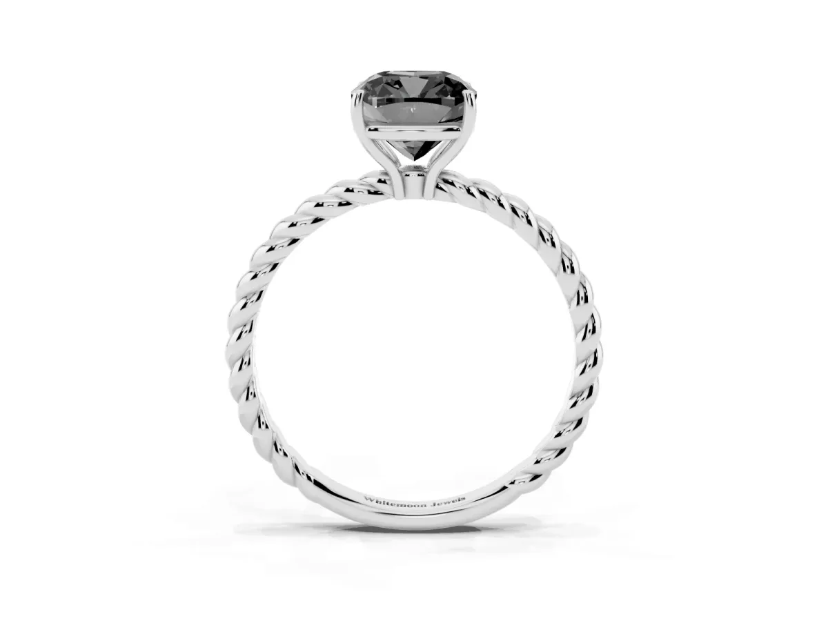 Fancy Black Cushion Cut Solitaire Twisted Band 4-Prong Ring Silver
