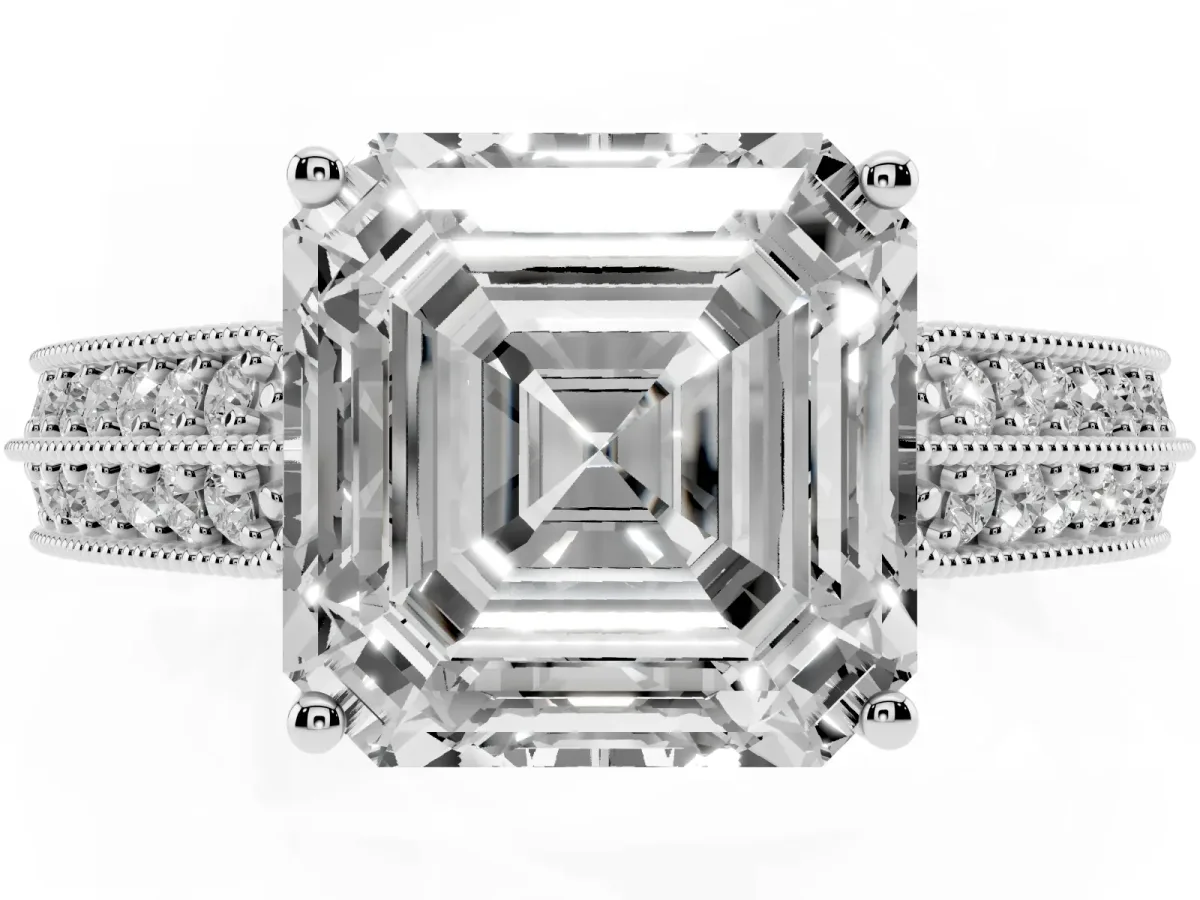 Asscher Cut Cut Pave Split Shank Engagement Ring with Four-Prong Setting Platinum