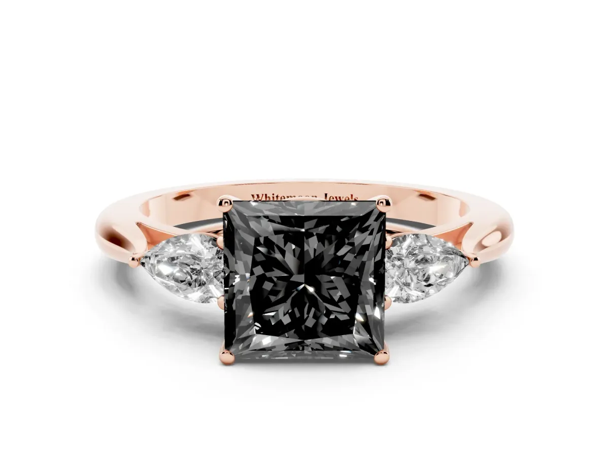Fancy Black Princess Cut Diamond Three-Stone Ring with Pear Side Stones and Prong Setting Rose gold