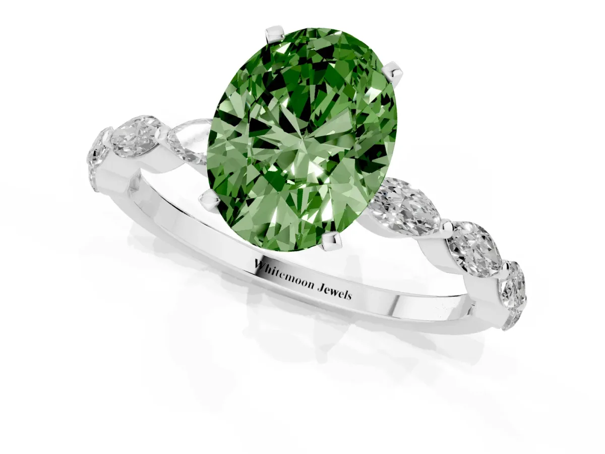 Fancy Green Oval Cut Diamond Ring with Marquise Side Stones and Prong Setting Platinum