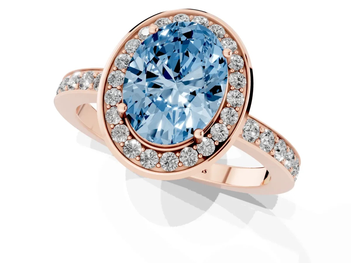 Fancy Blue Oval Cut Diamond Halo Ring with Bezel Frame and Pavé Band Rose gold