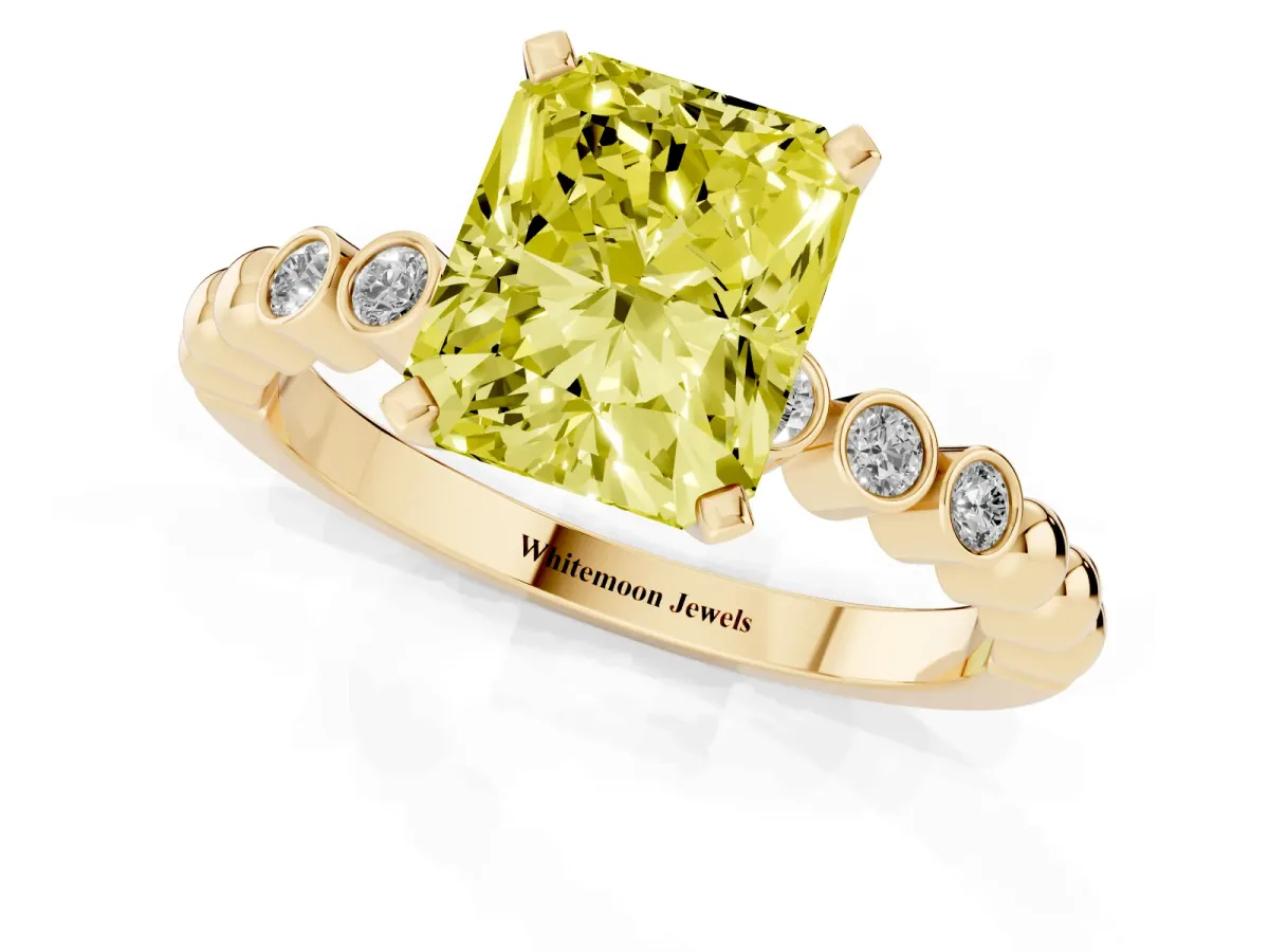 Fancy Yellow Radiant Cut Solitaire Bezel Accent Diamond Engagement Ring with Beaded Band and Four-Prong Setting Yellow gold