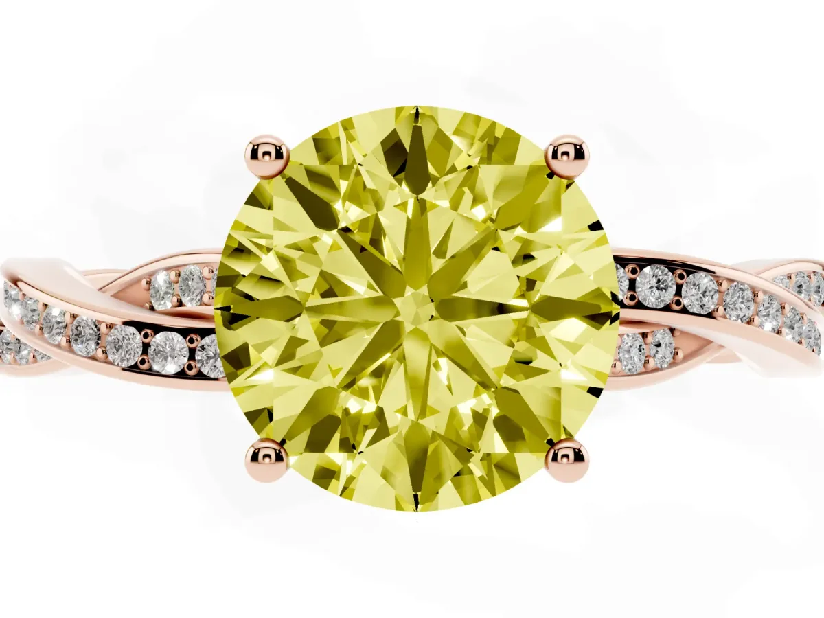 Fancy Yellow Round Cut Solitaire Twisted Pave Diamond Ring with Four-Prong Setting Rose gold