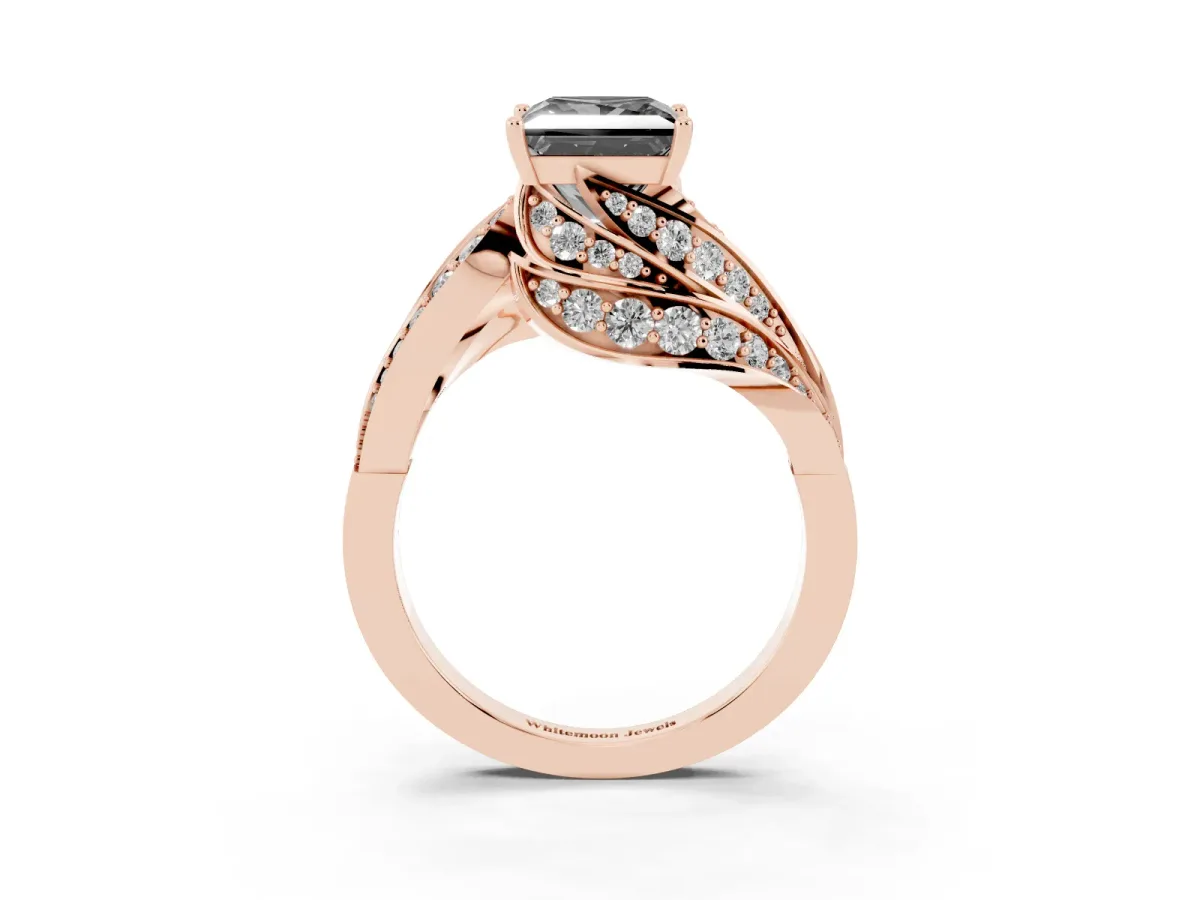 Fancy Black Princess Cut Diamond Solitaire Ring with Prong Setting and Twisted Pavé Band Rose gold