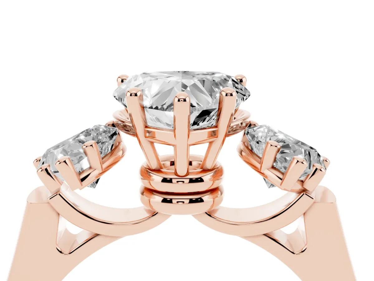 Three-Stone Heart Cut Brilliant Diamond Trellis Ring with Comfort Fit Band Rose gold