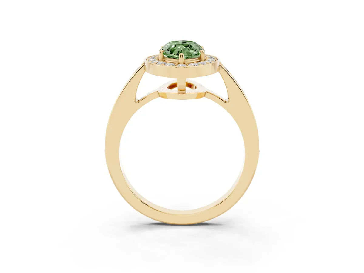 Fancy Green Marquise Cut Halo Pavé Diamond Engagement Ring with Bezel Setting Yellow gold