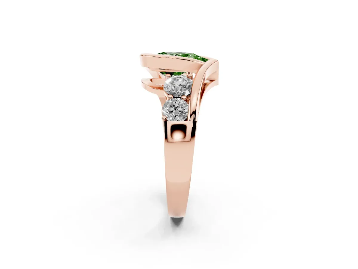 Fancy Green Bezel Set Pear Cut Diamond Bypass Ring with Round Accents Rose gold