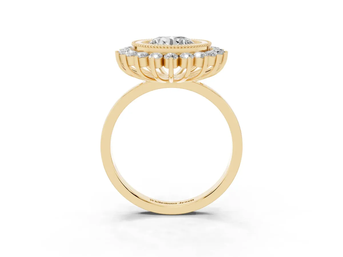 Round Cut Halo Diamond Ring with Milgrain Edge and Round Prong Setting Yellow gold
