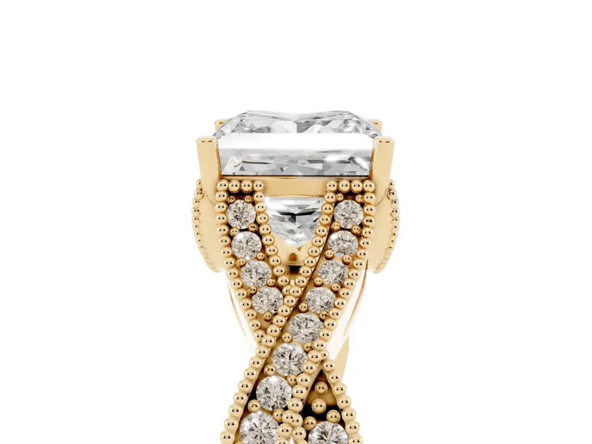 Princess Cut Cut Diamond Twisted Band with Milgrain Pave Setting and Four-Prong Setting Yellow gold