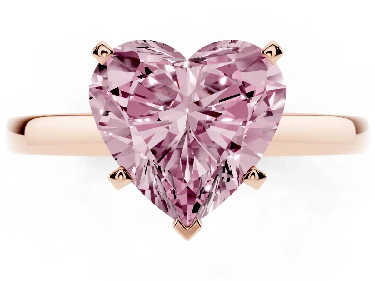 Fancy Pink Heart Cut Solitaire Diamond Engagement Ring with Four-Prong Setting on a Classic Band Rose gold