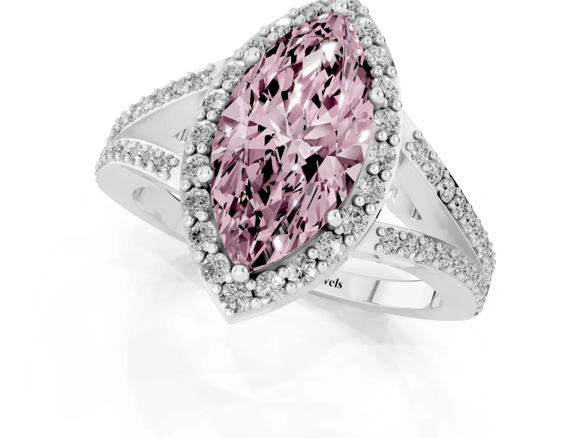 Fancy Pink Marquise Cut Halo Split Shank Pave Diamond Ring with Four-Prong Setting Platinum