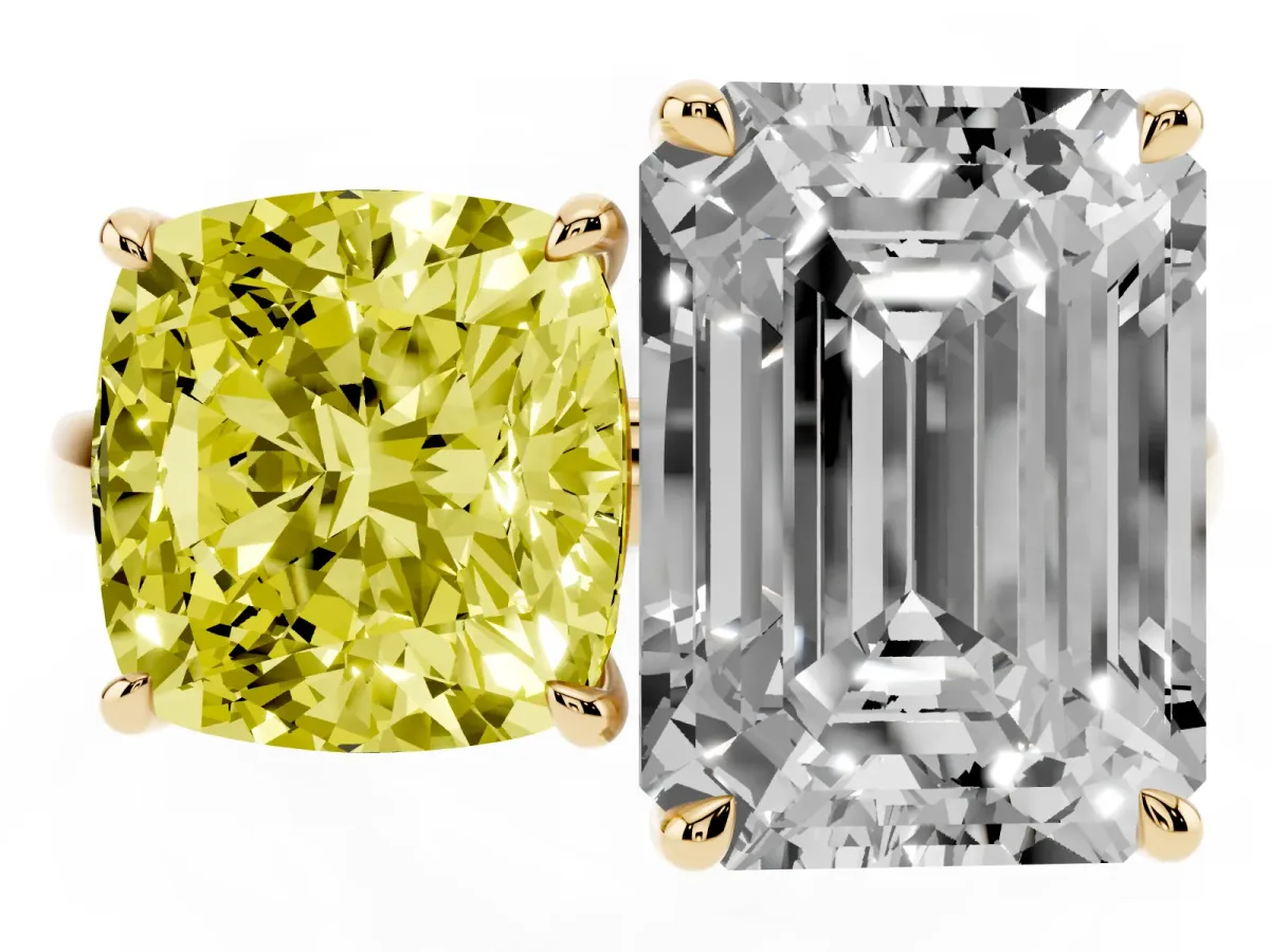 Fancy Yellow Cushion Cut and Emerald Cut Toi Moi Ring with Prong Setting Yellow gold